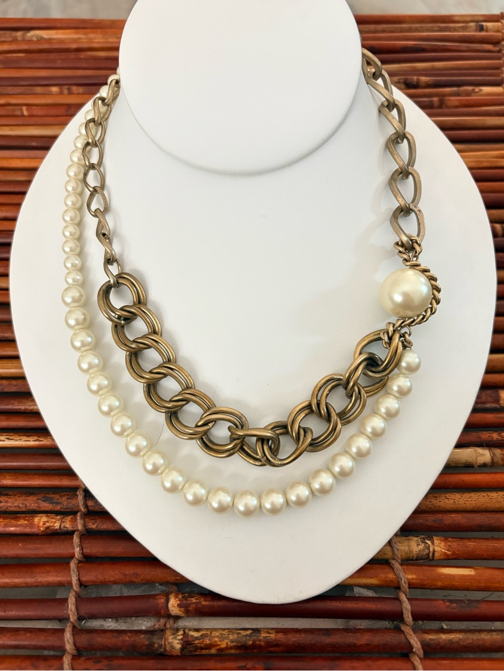 Kenneth Cole Cream Pearl and Antique Gold Layered Necklace 17”-20”